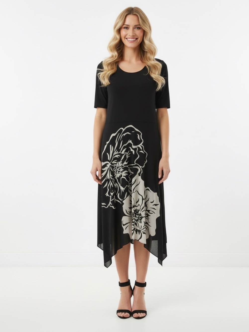 Peter Nygard Black White Floral Handkerchief Hem Dress Size Medium